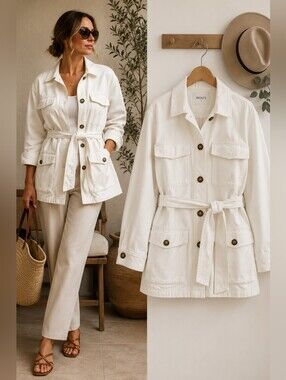 Ricki's Belted Safari Utility Jacket L White Heavyweight Cotton Twill Oversized